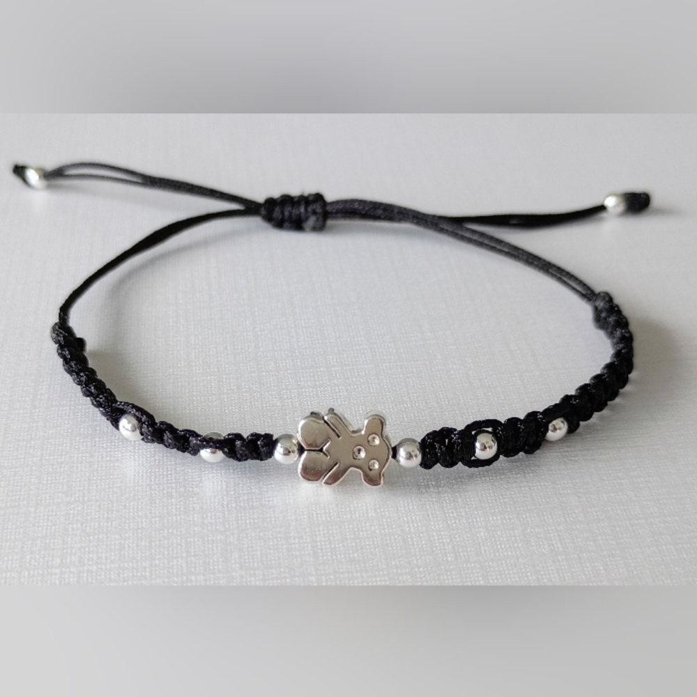 950 Silver Bear and Charms on Black Thread Bracelet.